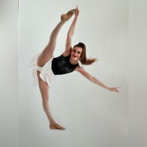 ALGY Size Adult Small Black Lace Dance Dress with White Skirt & Drop Back